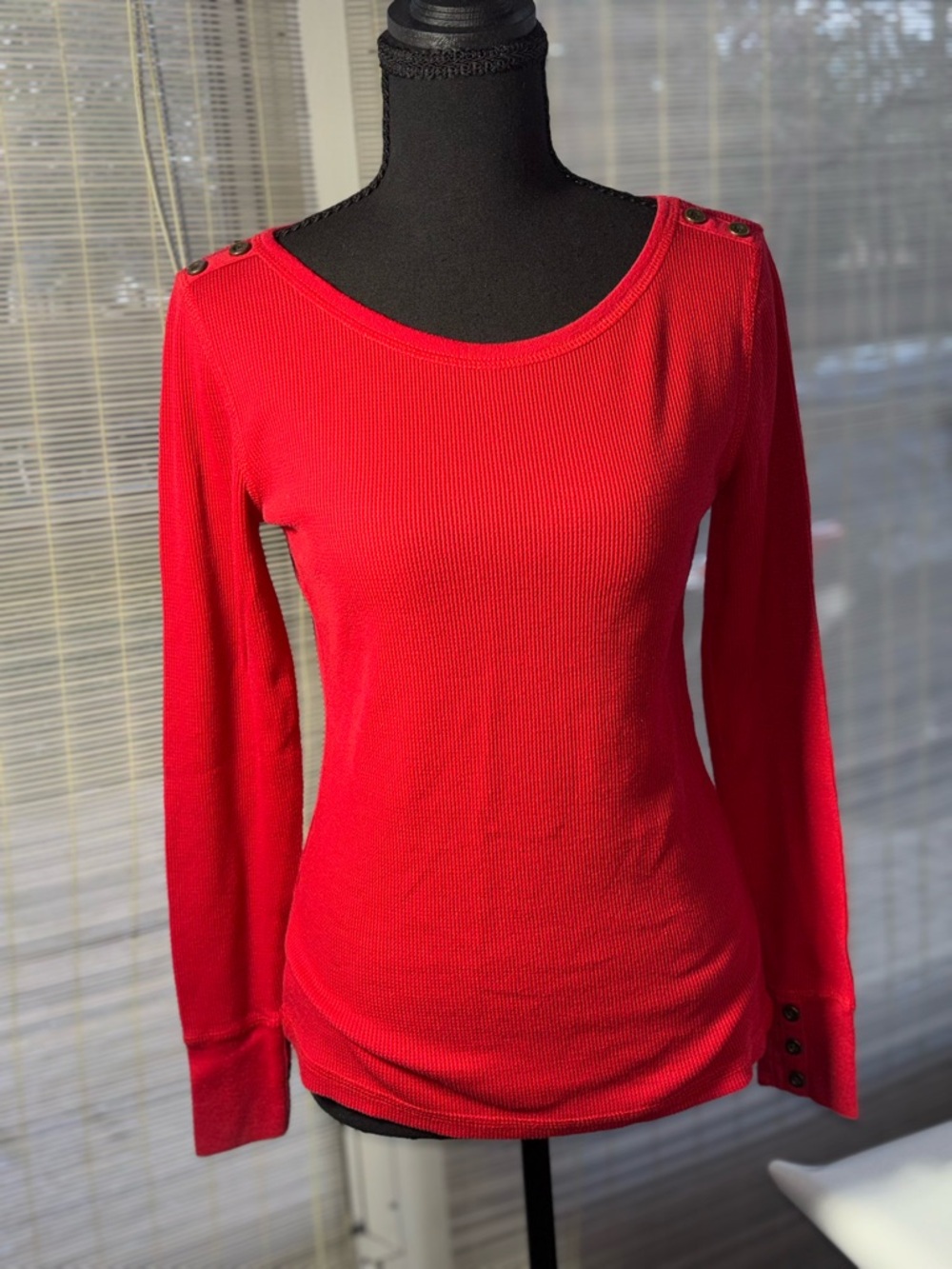 Red Long-Sleeve Scoop Neck Thermal Top with Shoulder Buttons